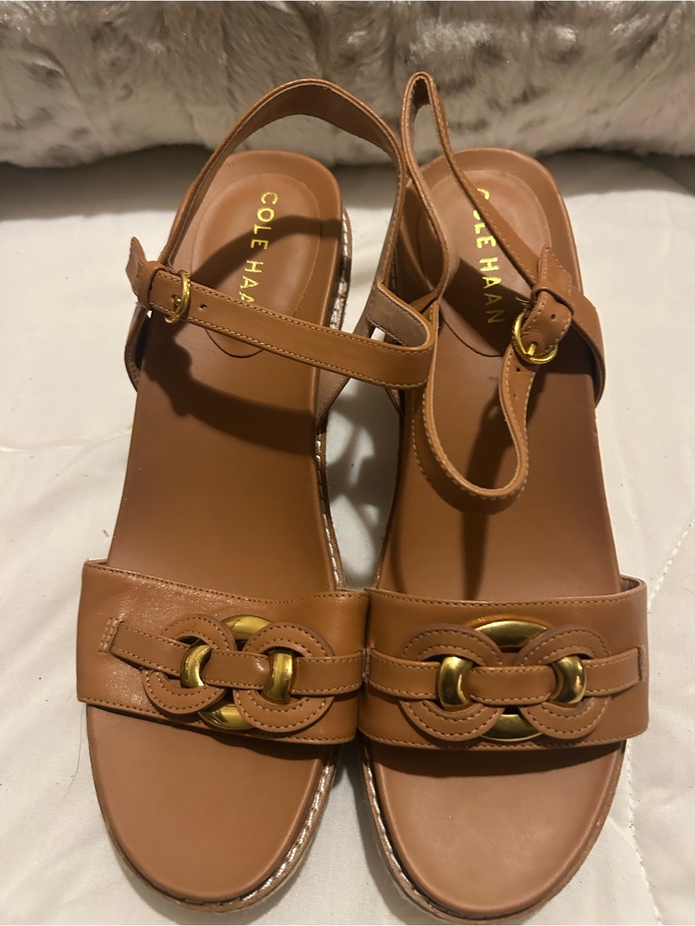 Cole Haan Cognac Leather Slingback Sandals with Gold Accents